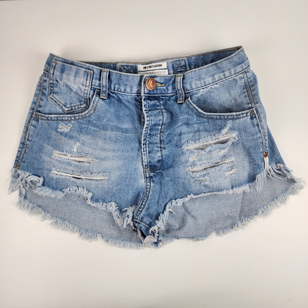One x Oneteaspoon Blue Distressed Jean Shorts - Size 27, Grunge, Streetwear